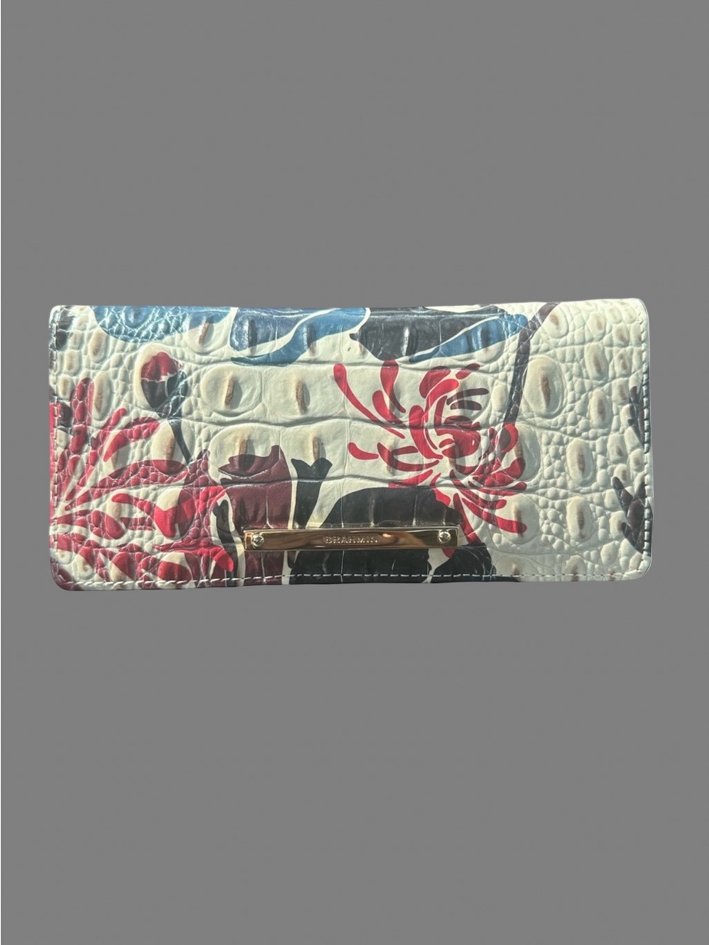 New Brahmin Ady Wallet Glossy Red  Blue Floral Print Glossy Cro-Embossed Leather